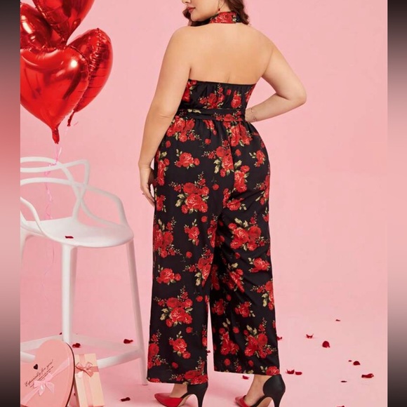Plus Size Floral Backless Open Back Halter Top Wide Leg Palazzo Pants Jumpsuit - Picture 3 of 7